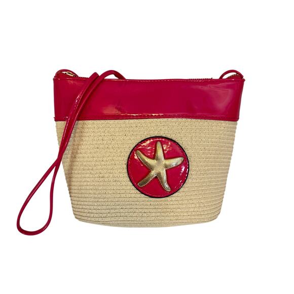 Coastal Starfish Beach Bag Pink Paper Straw Crossbody Purse Summer Resort Tote - Picture 1 of 8